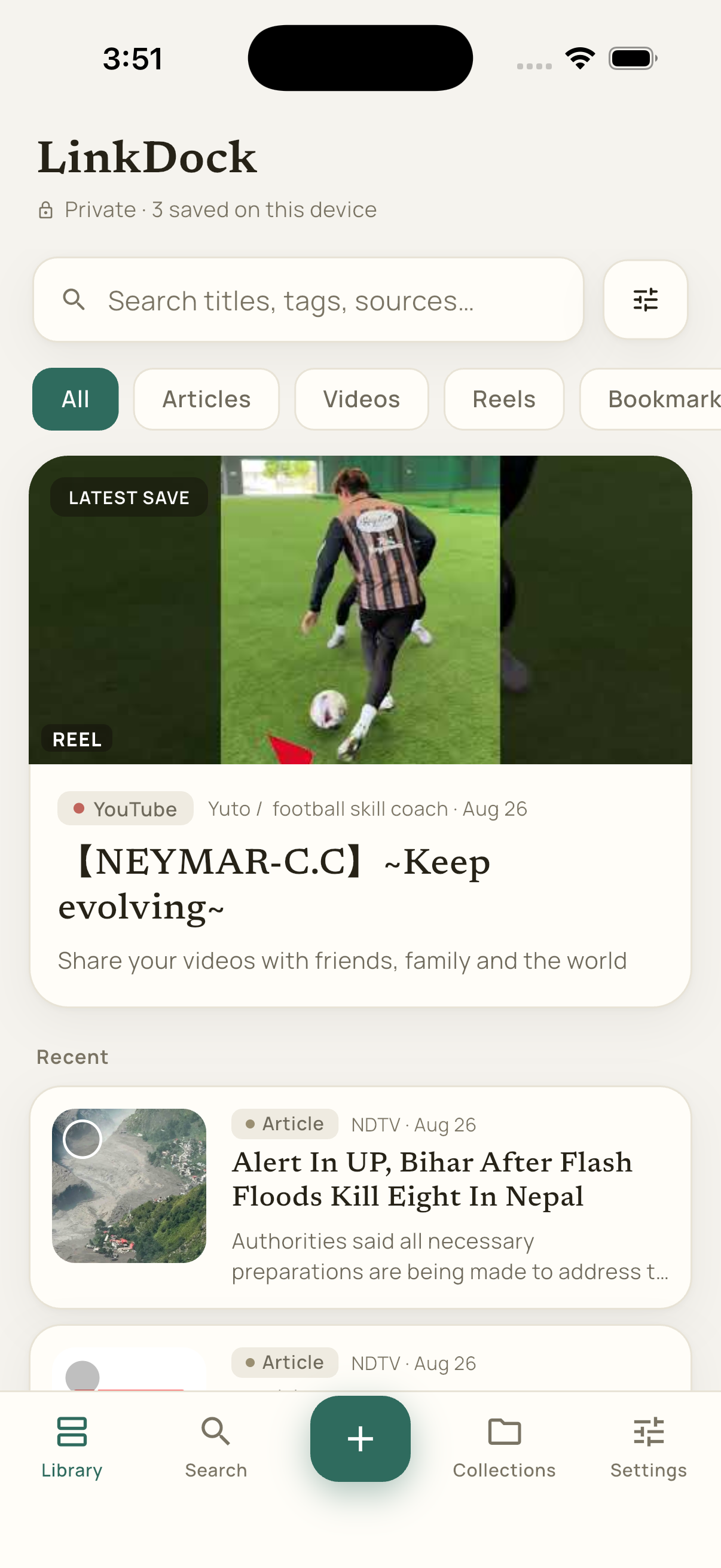 LinkDock library screen showing saved reels and articles with search and type filters