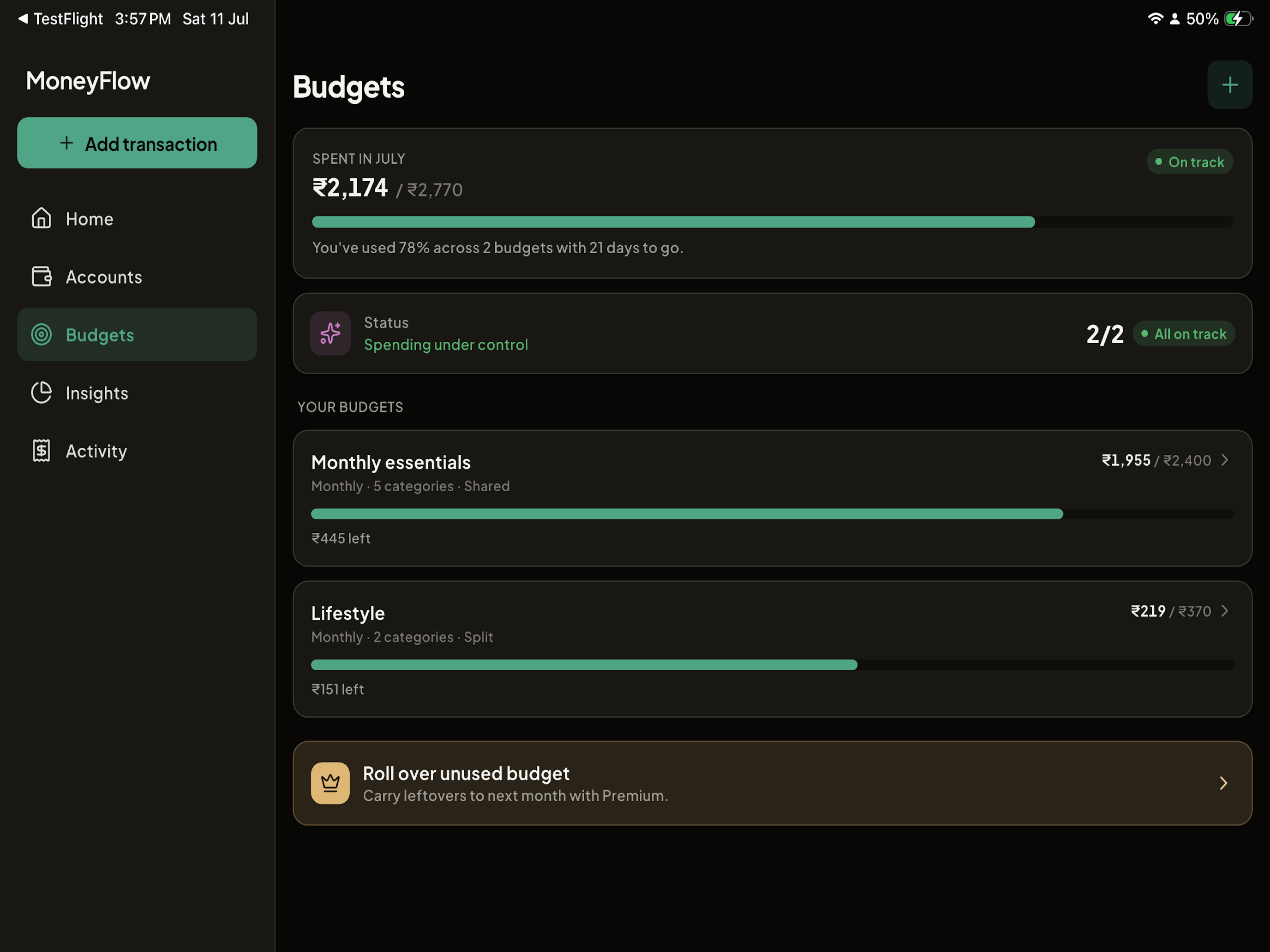 MoneyFlow budgets and financial health overview on iPad