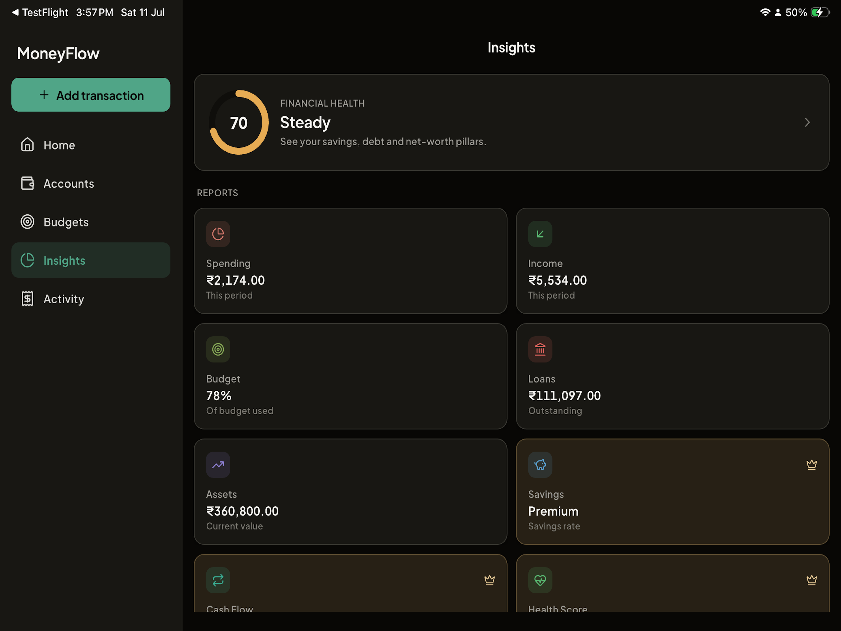 MoneyFlow reports with category and tag drill-downs on iPad
