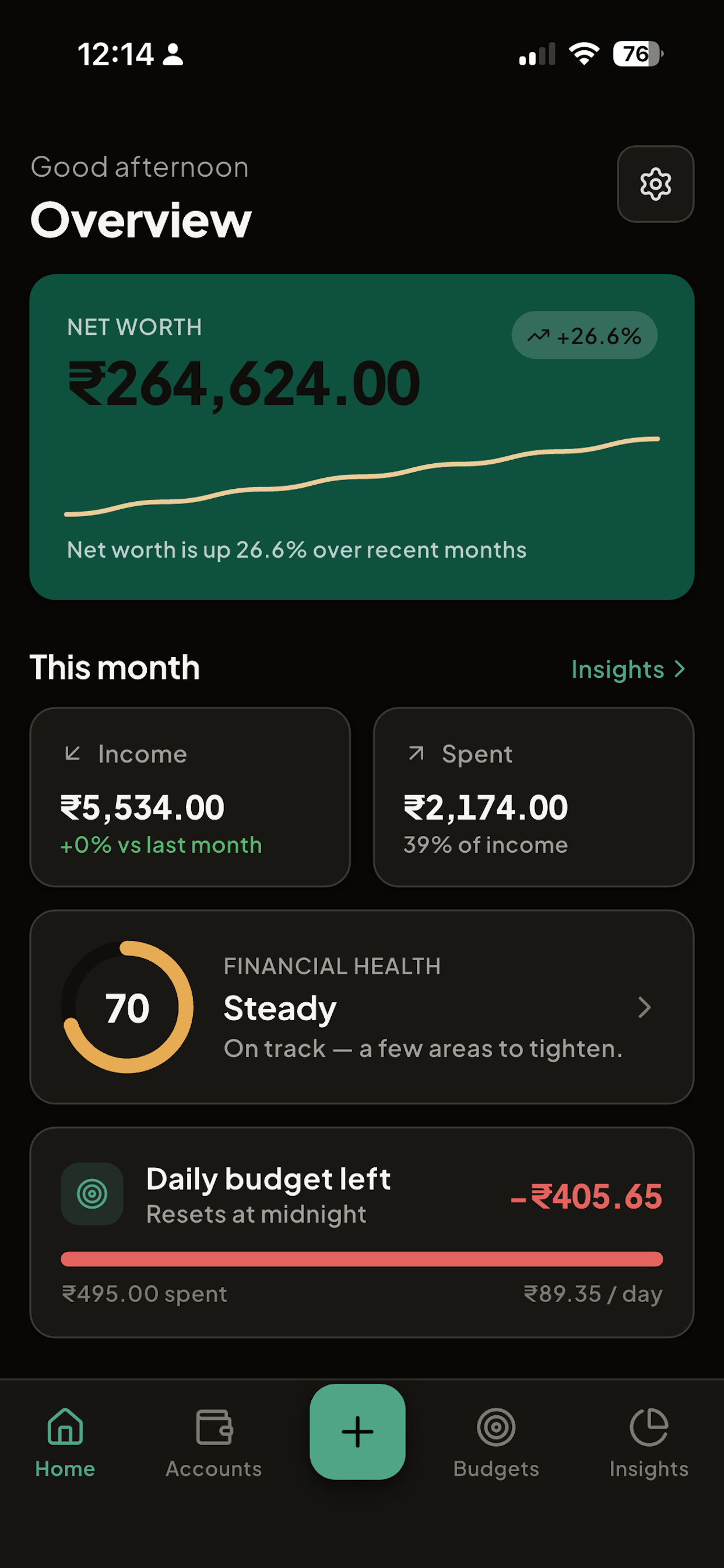 MoneyFlow dashboard showing net worth and accounts overview