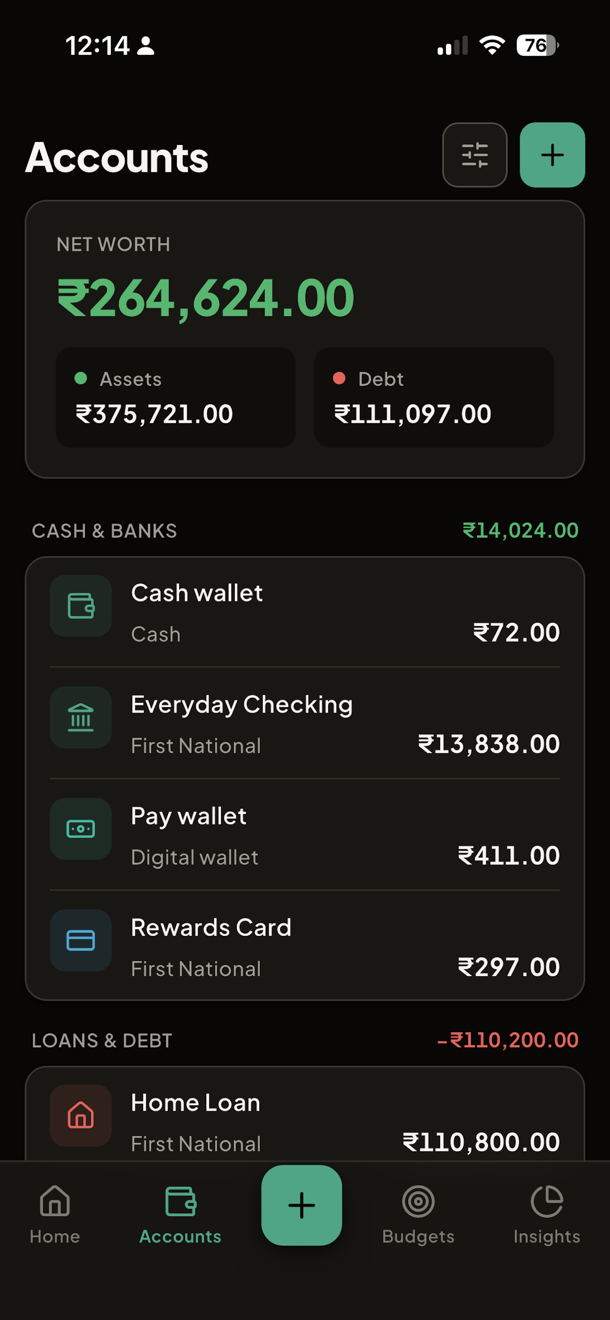MoneyFlow accounts list across banks, cards, cash and investments