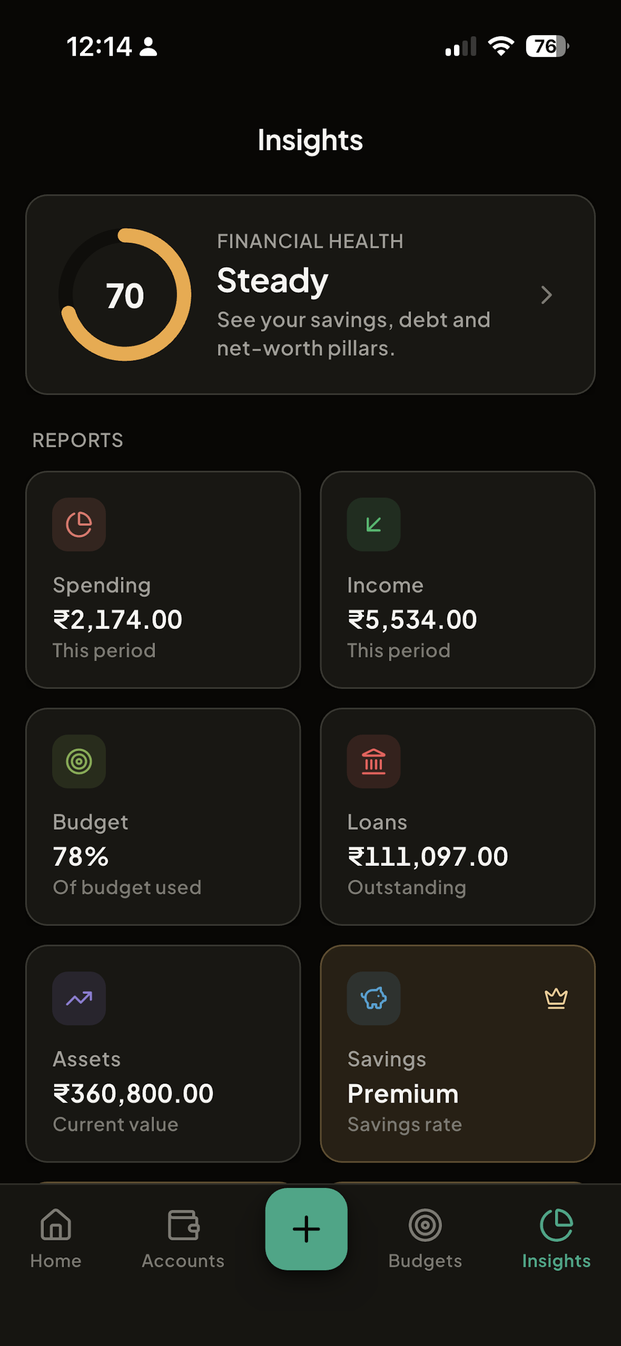 MoneyFlow reports with category and tag breakdowns